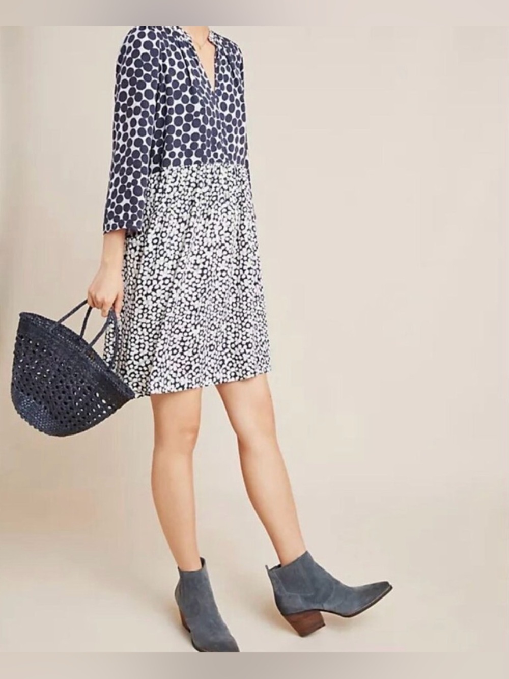 Maeve by Anthropologie Mixed Print Polka Dot Mini Shift Dress Navy White L